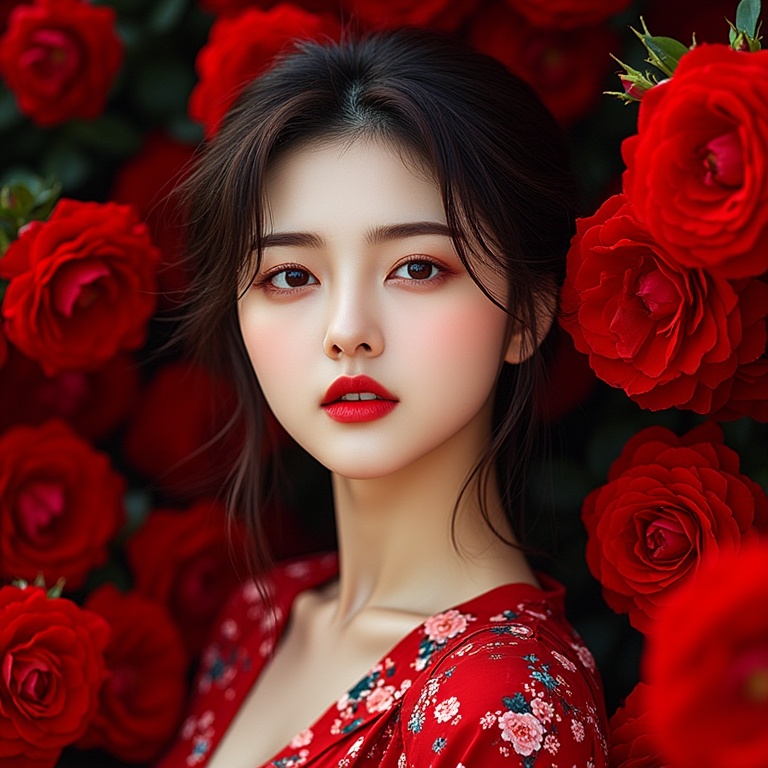 miluo_mggs, Photograph of an East Asian woman with fair skin, wearing a red floral dress amidst a sea of vibrant red roses. Her dark hair is styled loosely, framing her delicate, symmetrical face with red lipstick and subtle makeup. The image has a romantic, dreamy quality.<lora:米洛玫瑰故事-flux-1.3:1>