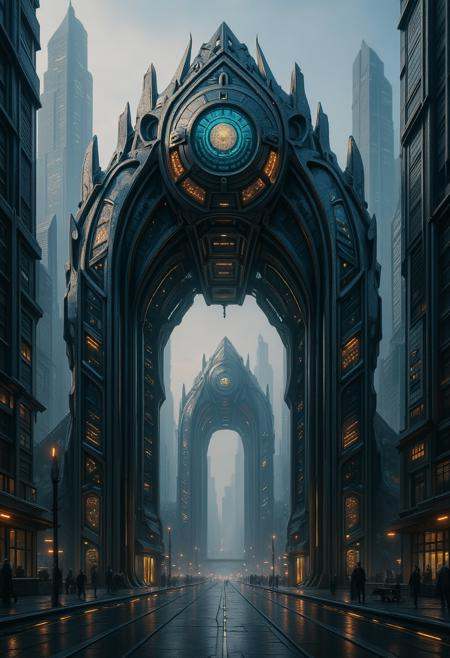 A futuristic city with a futuristic gate and a futuristic building on Tensor.Art