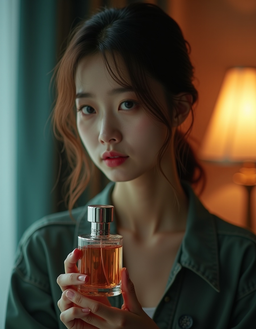 HDR photo of cinematic film still A South Korean girl,  facing forward,  holding a bottle of perfume on Tensor.Art