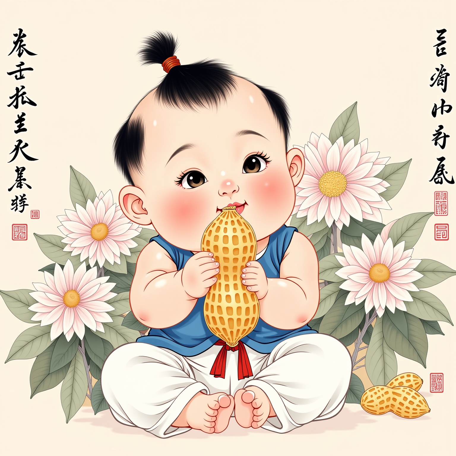 This is a highly detailed, traditional Chinese ink painting featuring a chubby, rosy-cheeked baby with dark hair tied in a small ponytail, holding a large, golden-brown peanut in both hands. The baby's face is serene, with large, almond-shaped eyes and a small, closed mouth. The baby is dressed in a blue sleeveless top with a white undershirt and white pants, adorned with a red sash tied around the waist. The background consists of a lush floral arrangement with large, stylized chrysanthemums in shades of white, pink, and green, which adds a soft, elegant touch to the scene. The baby's hands are gentle and delicate as they cradle the peanut, which is depicted in intricate detail, showing its ridges and texture. The painting is framed by traditional Chinese calligraphy in red ink along the top and bottom edges, adding a cultural and artistic touch to the composition. The overall style is soft and delicate, with a focus on fine lines and subtle shading, typical of traditional Chinese ink paintings.<lora:水墨风-10:1>