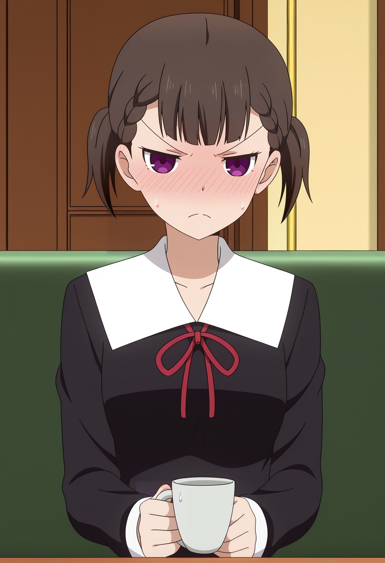 <lora:Shijiyou Maki_illustrious-000020:1>,1girl,solo,Shijiyou Maki,school uniform,blush,solo,cup,red ribbon,holding,parody,braid,upper body,frown,closed mouth,ribbon,neck ribbon,nose blush,indoors,dress,v-shaped eyebrows,couch,sweatdrop,anime screencap,