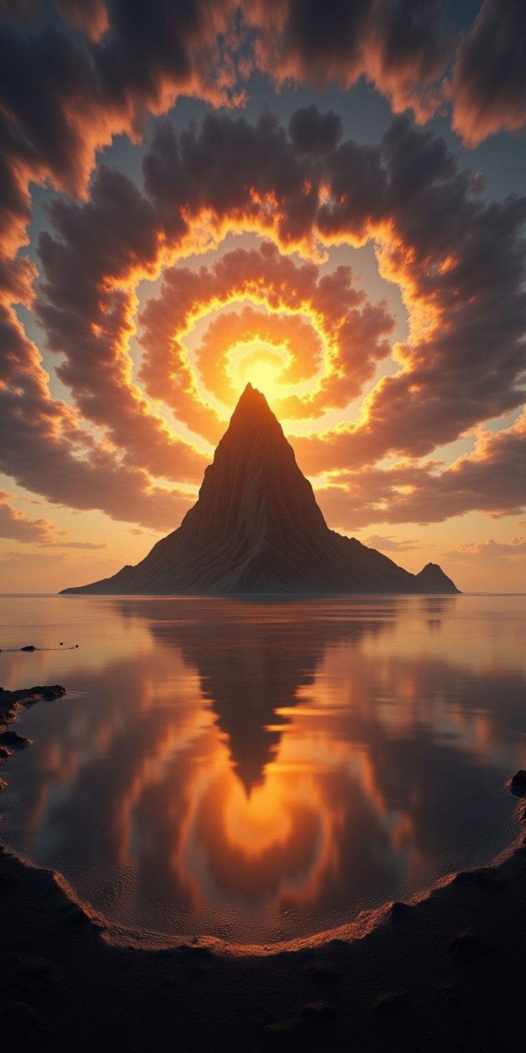 JQZX,This image is a digital artwork, likely created using CGI, depicting a fantastical, surreal landscape. The scene features a towering, jagged mountain with a sharp peak that dominates the center of the image. The mountain is illuminated by the setting or rising sun, casting a warm, golden light across the sky and the landscape. The sky is filled with a mesmerizing display of swirling, spiral-shaped clouds that spiral out from the mountain, creating a vortex-**** effect. These clouds are a mix of dark, stormy grey and vibrant, fiery orange hues, blending seamlessly into the warm colors of the setting sun.Below the mountain, the sky transitions into a calm, reflective body of water, likely an ocean, which mirrors the colors of the sky and the setting sun. The water's surface is calm, with gentle ripples visible. The mountain and the water are framed by a dark, shadowy silhouette of a coastline and surrounding terrain, hinting at a rugged, unexplored landscape.The overall scene is dramatic and surreal, with the natural elements distorted into a fantastical, almost otherworldly atmosphere.