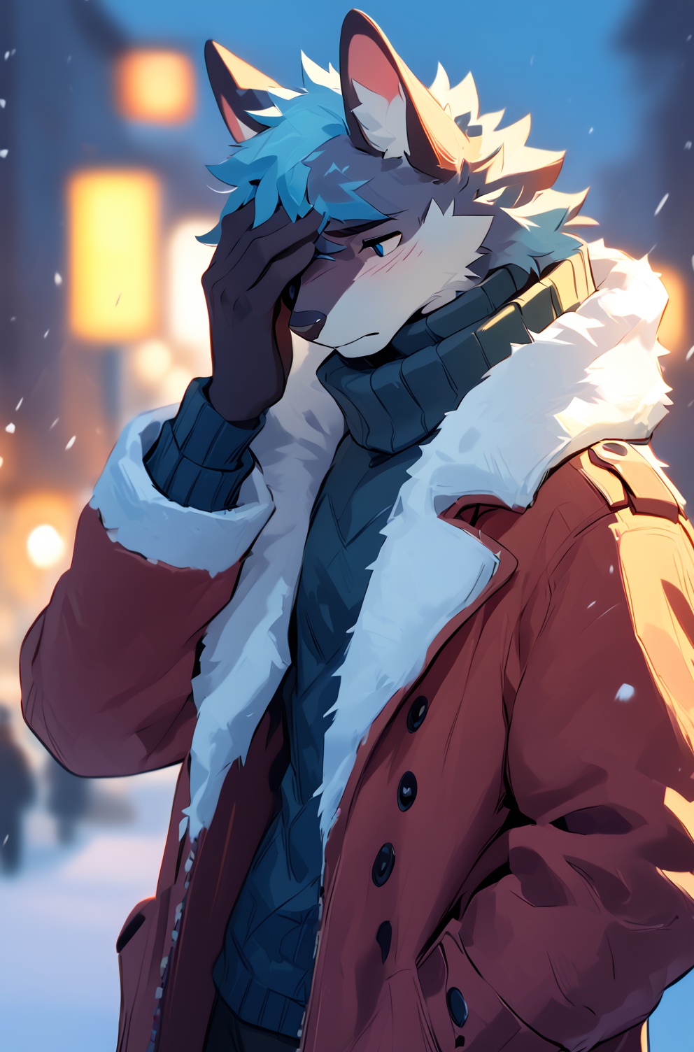 masterpiece, best quality, amazing quality, absurdres, perfect hands, depth of field, coat, turtleneck, winter, facepalm,body fur,furry,anthro