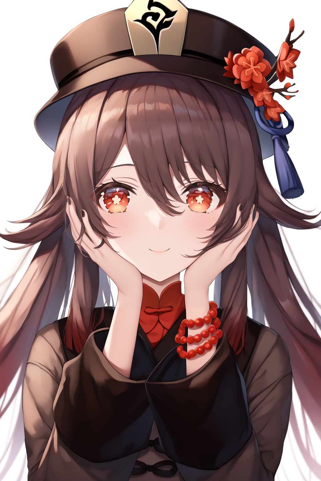 score_9,score_8_up,score_7_up,score_6_up,source_anime,source_cartoon,<lora:hutaoTUPONYXL-000001:1>,hu tao \(genshin impact\),1girl,solo,flower-shaped pupils,black porkpie hat,brown hair,tongue out,tongue,jewelry,blush,long hair,flower,looking at viewer,multiple rings,twintails,long sleeves,hands on own face,hat flower,:q,smile,licking lips,upper body,hands on own cheeks,bead bracelet,red eyes,white background,plum blossoms,simple background,closed mouth,wide sleeves,