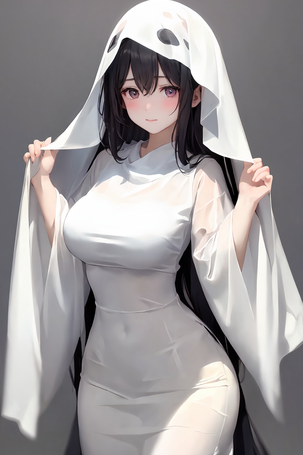 1girl, solo, grey background, simple background, dress, breasts, white dress, ghost costume, wide sleeves, veil, long sleeves, see-through, hands up, blush, long dress <lora:lora:0.7>