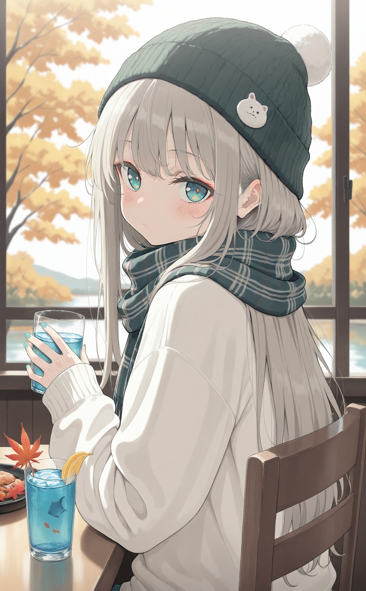 masterpiece,best quality,high quality,loli,1girl,cup,solo,holding,looking at viewer,autumn,plaid headwear,holding cup,autumn leaves,green eyes,hat,nail polish,closed mouth,long sleeves,blush,fish,sweater,indoors,pom pom \(clothes\),plaid,looking back,sitting,green nails,drinking glass,green headwear,upper body,aqua nails,long hair,window,tree,food,grey hair,maple leaf,table,chair,day,blue nails,beanie,blonde hair,water,aqua eyes,plaid scarf,