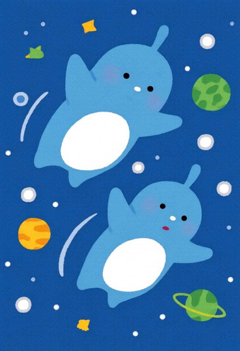 irasutoya3q illustration.Three blue penguins floating in a starry sky. There are small and large yellow stars,  along with...