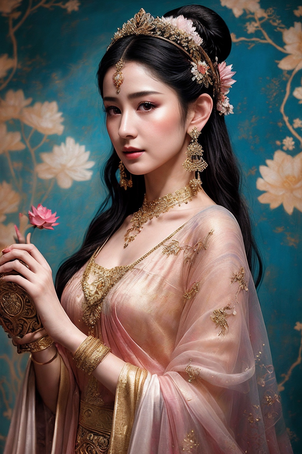 VG09_SoloTI_v1,  (In a flowing,  ethereal robe of gold and crimson silk on Tensor.Art