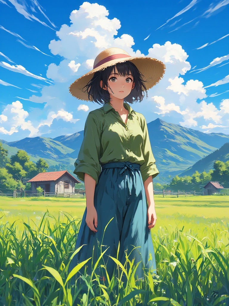 A digital painting of a young woman in a rural landscape,  wearing a straw hat and a green blouse with a blue skirt. She s...