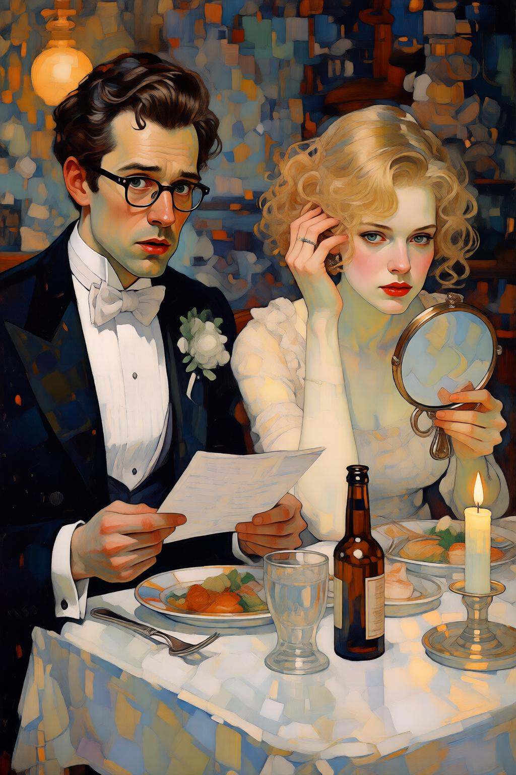 kaoruyamada2q painting. kard1. Closeup of a couple seated at a table covered with a white tablecloth. On the left is the m...