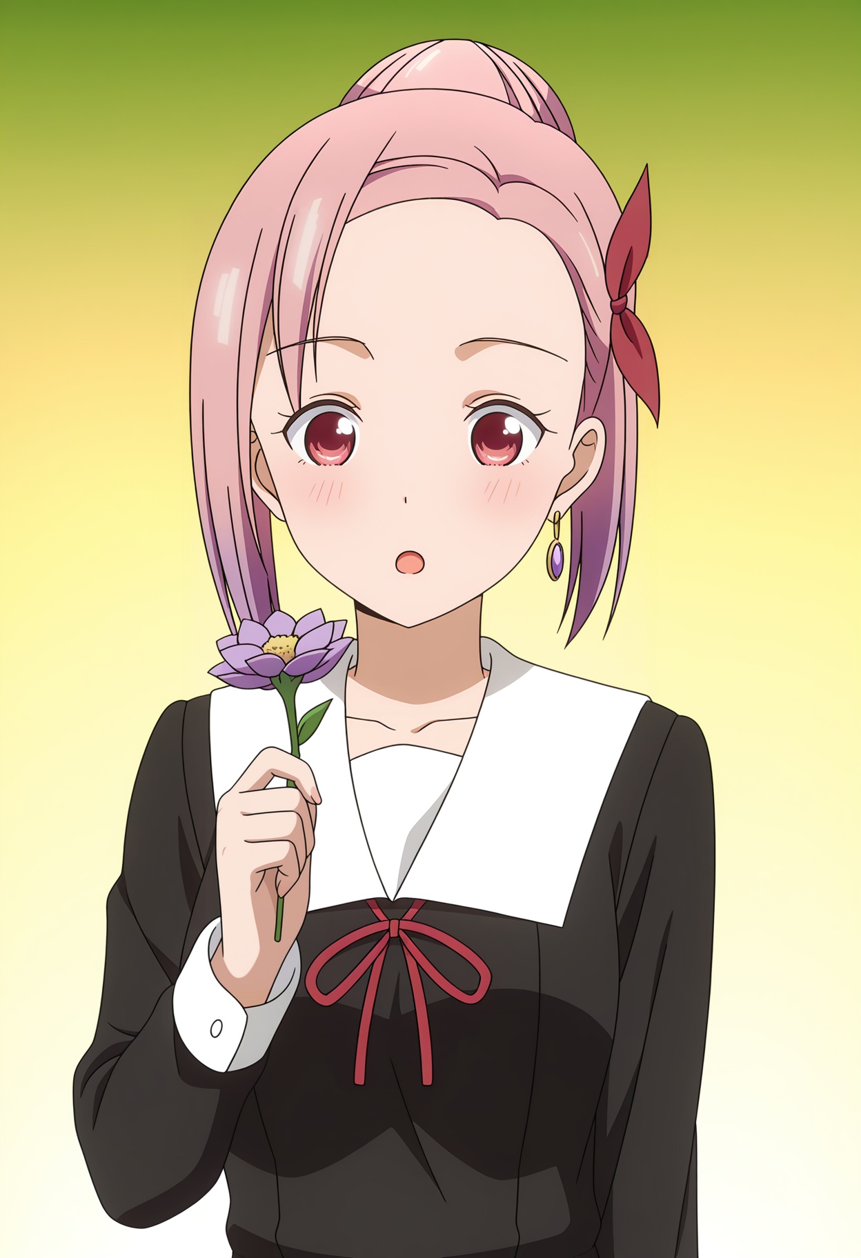 <lora:Tsubame KOYASU_illustrious-000018:1>,1girl,pink hair,solo,Tsubame KOYASU, solo, earrings, open mouth, blush, school uniform, flower, jewelry, holding, ribbon, cosplay, holding flower, name connection, red ribbon, single hair bun, dress, black dress, upper body, collarbone, forehead, neck ribbon, hair ribbon, purple flower, parody, :o, anime screencap