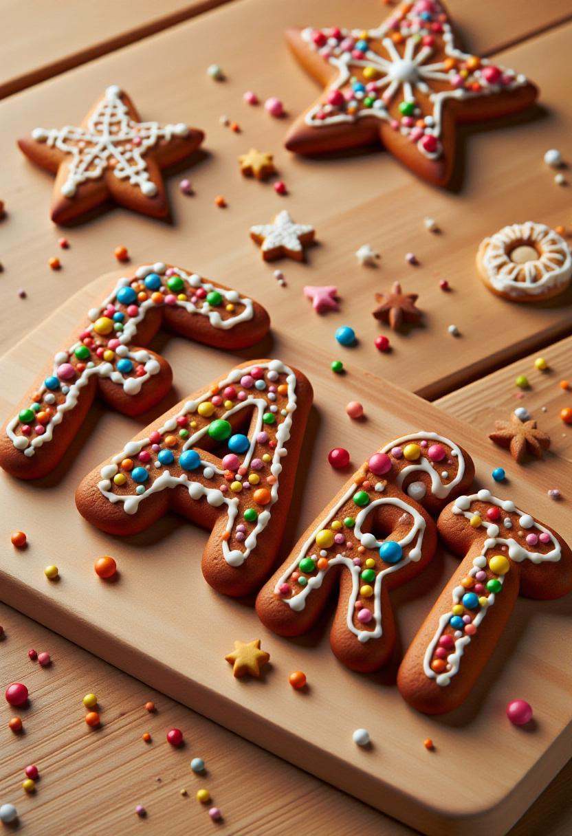 This is a photograph of a intricately decorated gingerbread word "FART",  placed flat on a wooden surface. on Tensor.Art