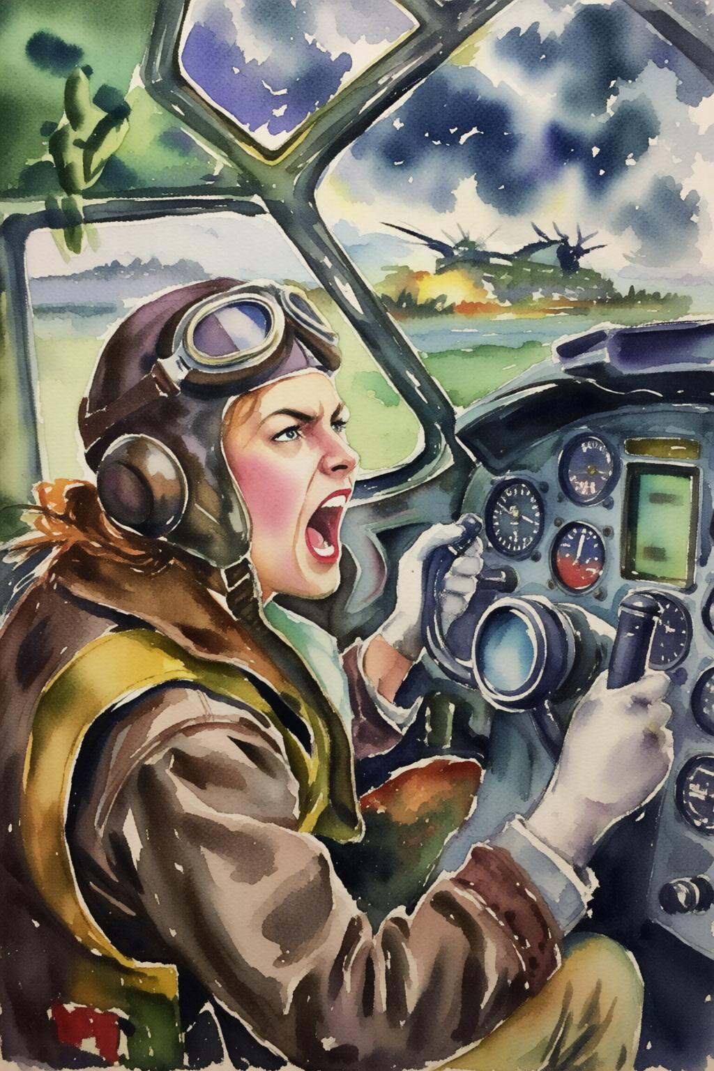 watercolorbasic2q watercolor painting.A female pilot screaming inside the cockpit of a World War II bomber. The pilot,  we...