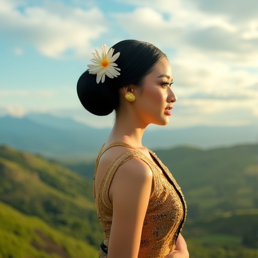 A Balinese (((oumbaliflux))) woman in a stunning traditional kebaya outfit stands confidently in a front view,  her neat b...