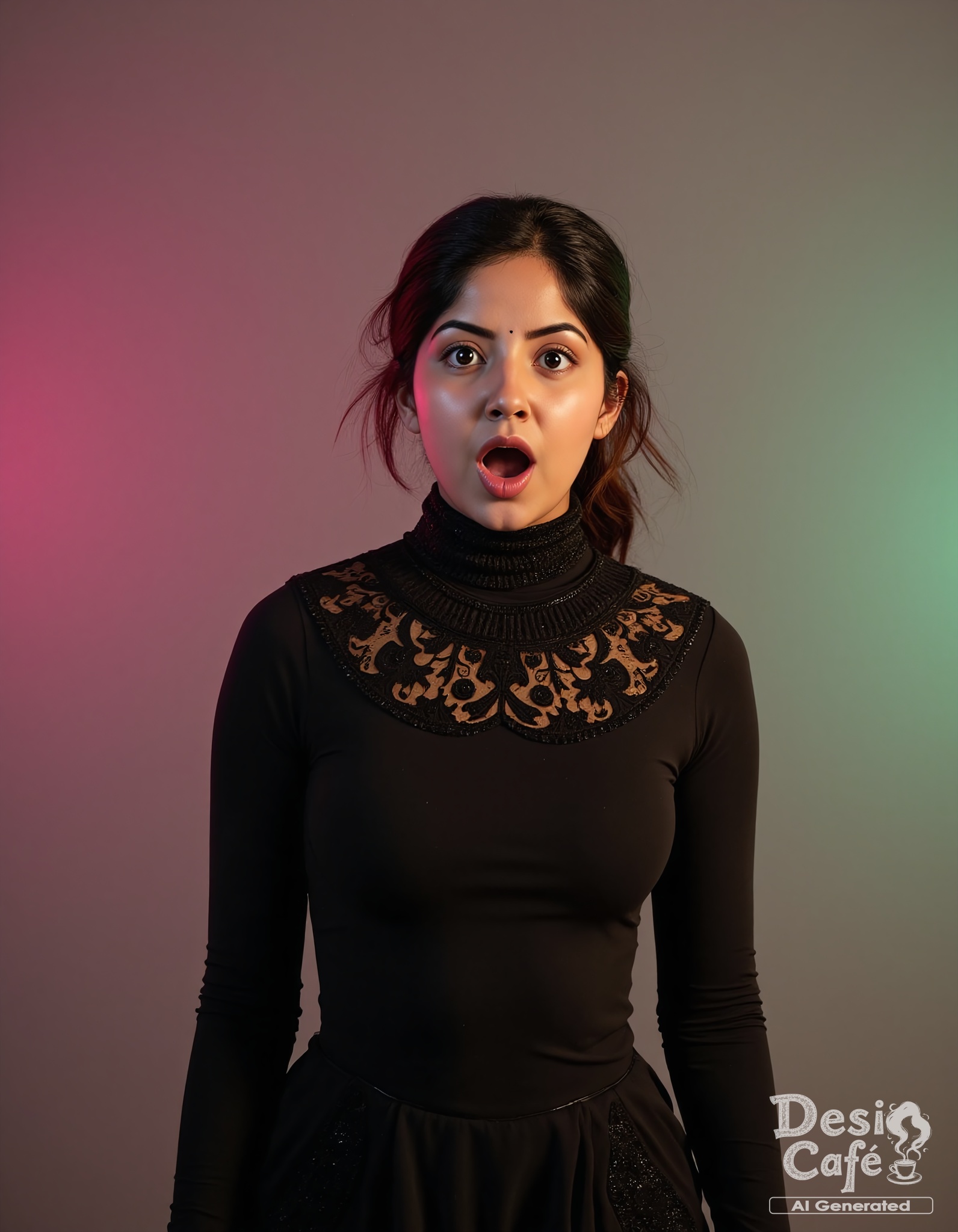 cowboy shot photo of Kashmira Pardeshi woman,  hyper realistic photo that is safe for work,  mouth open in surprise on Ten...