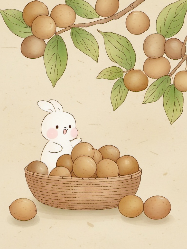tuzi,A cute, pastel-colored digital drawing shows three adorable animals munching on brown dates. A tiny white bunny is holding a wicker basket full of dates, while a brown-furred hamster and a white bunny with pink cheeks are busy chowing down on dates. The backdrop is a beige, textured surface with green leaves scattered around. The whole scene is whimsical and charming, with soft, rounded shapes and gentle shading.,<lora:tuzi_v1:0.8>
