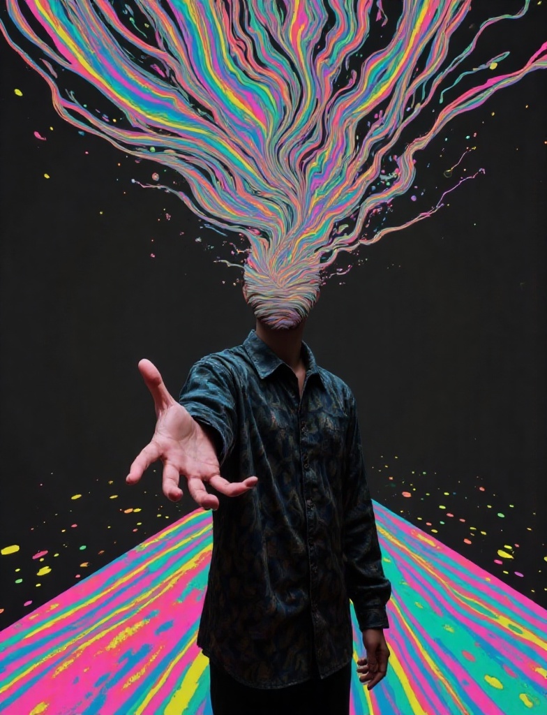 A surreal digital artwork depicts a person with a face obscured by colorful,  swirling patterns extending from their head....