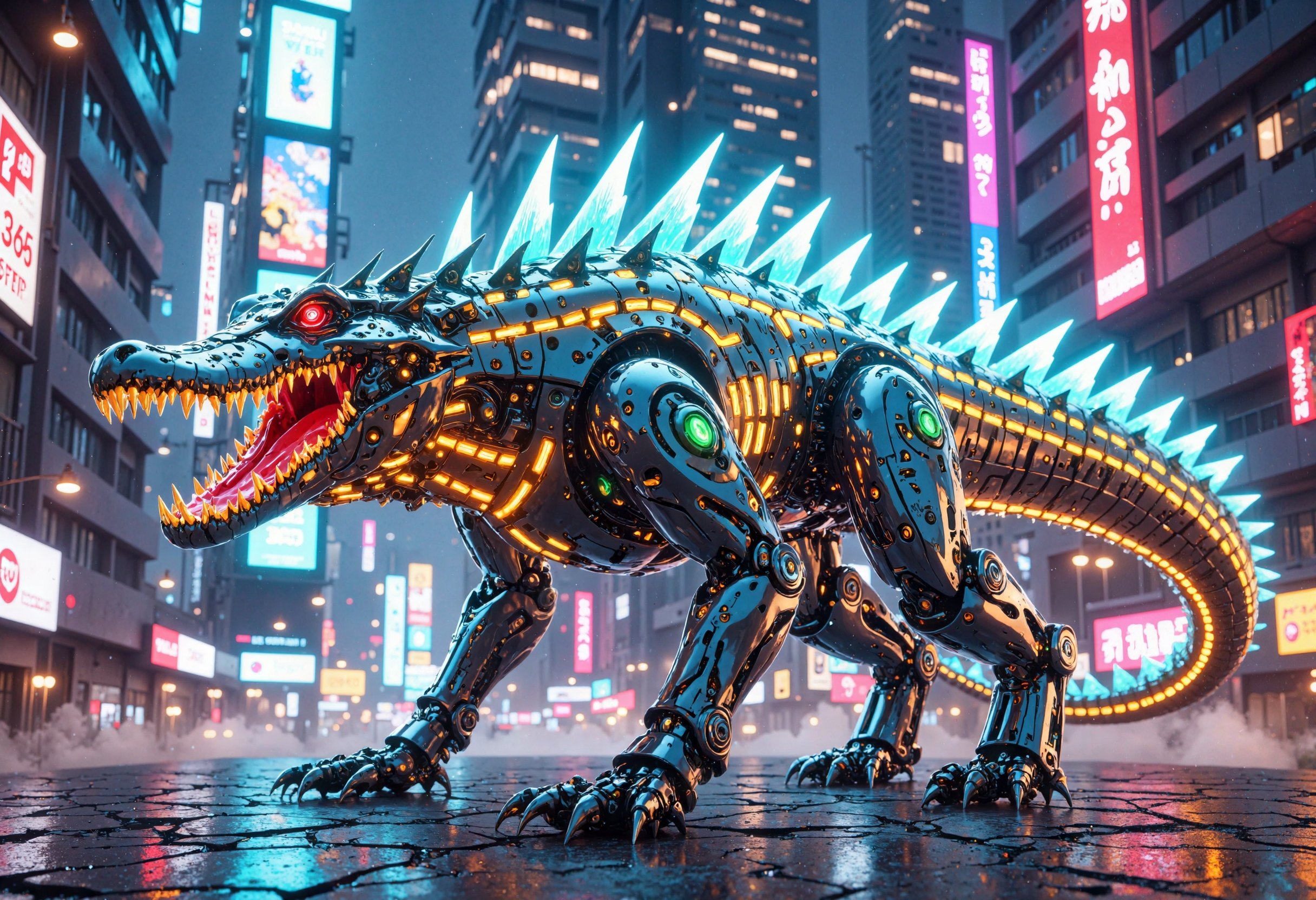 "A futuristic,  ultra-detailed crocodile-inspired mecha,  radiating with an otherworldly glow that blends organic ferocity...