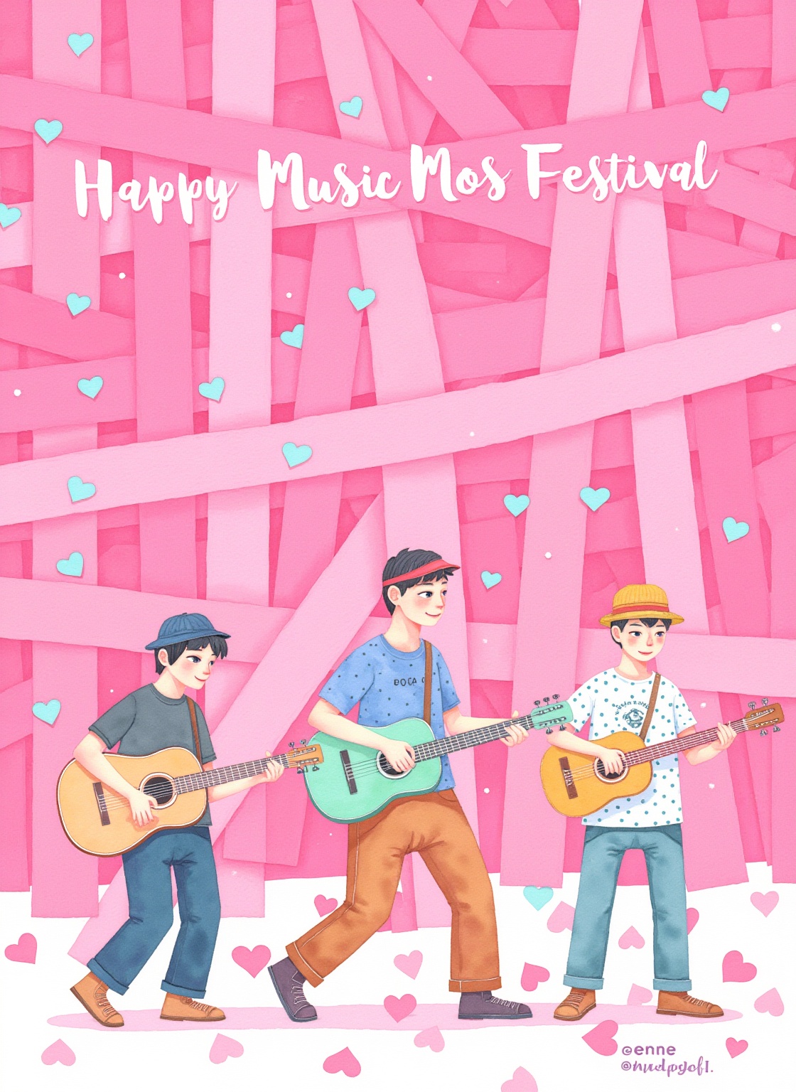 CGArt illustrator,renyu Color spot,renyu Color spot,of a vibrant digital illustration,In this picture, presented in flat style, we are transported into a scene full of energy and musical atmosphere. It was the scene of a music festival, and three young men were strumming their guitars with rapt attention, some in overpants, some in hats, some in printed T-shirts, a gesture of concentration and commitment that filled every note with emotion. They play a beautiful melody together. The background is composed of pink and magenta interwoven color blocks, which are dotted with small cyan hearts, and at the top is the message "Happy Music Festival" written in English white font.