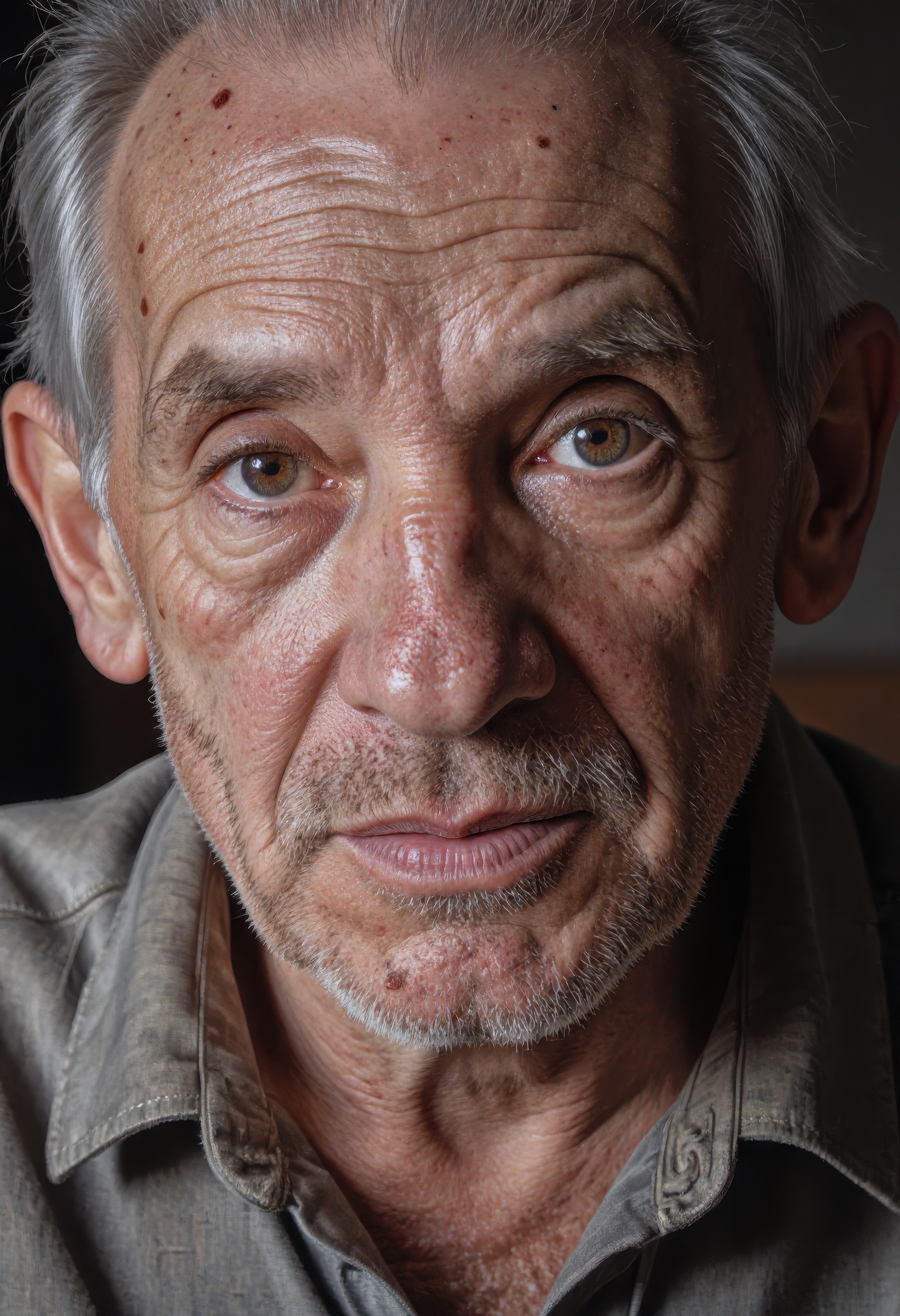 Ultra-sharp,  hyperrealistic 8k portrait of an elderly man captured from the upper body up,  staring directly at the viewe...