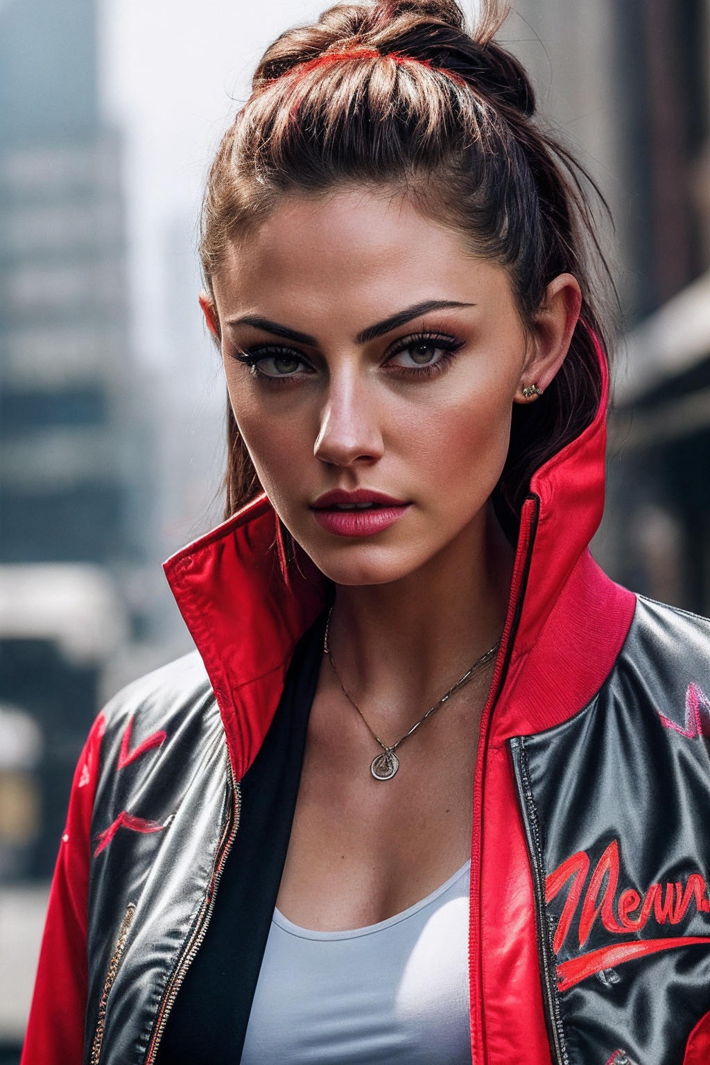PhoebeT_SoloTI_v1,  (Clad in a mismatched ensemble of a neon bomber jacket over a graphic tee and patterned leggings,  her...
