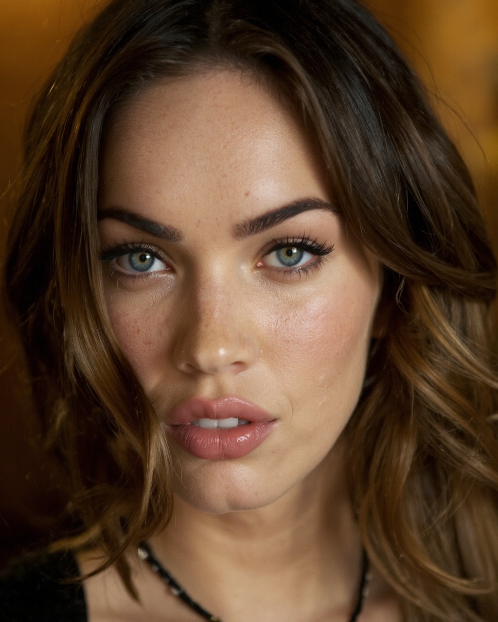 A high-resolution,  close-up portrait of megan_fox with light skin and striking blue eyes. She has a delicate,  symmetrica...