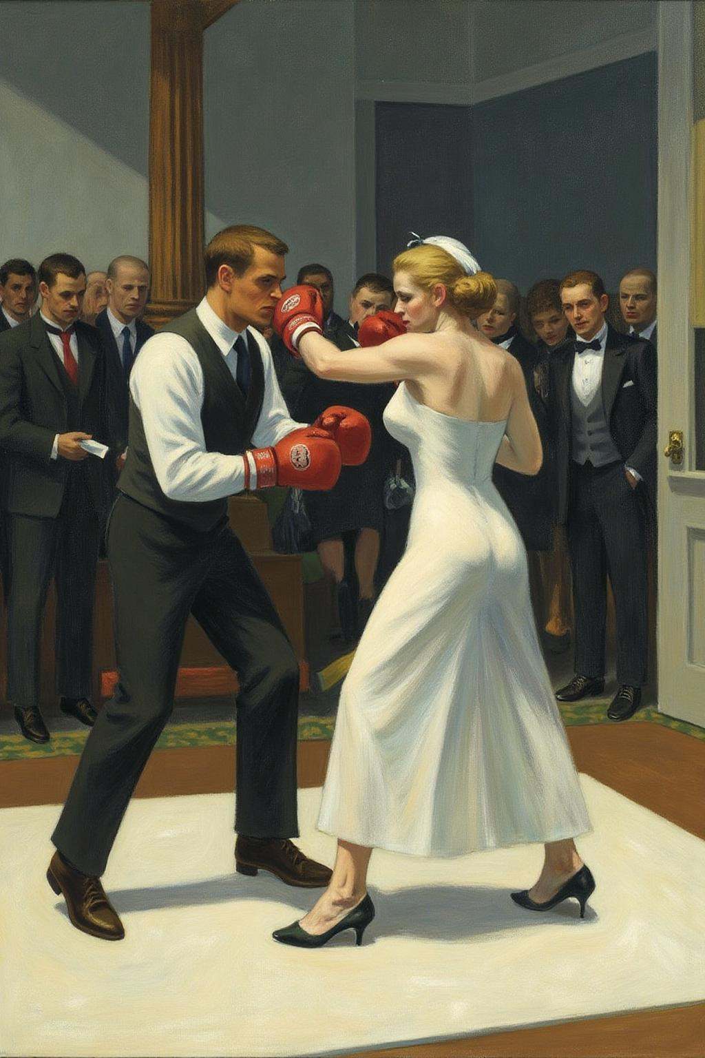 edwardhopper1 painting. a man and a woman boxing at a wedding. They are wearing red boxing gloves. on Tensor.Art