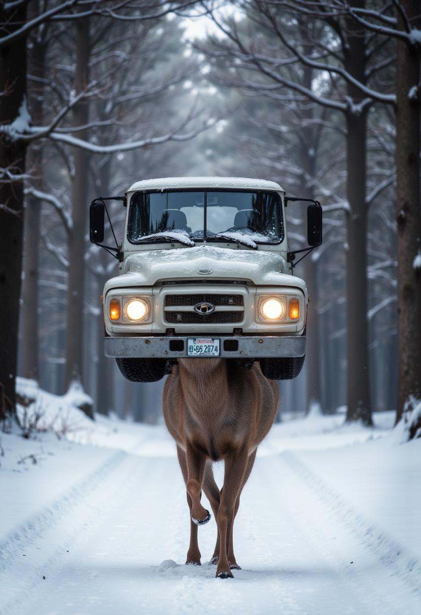 A prancing deer in a snowy forest. Photoshopped in place of its head is the front end of a pickup truck with bright headli...