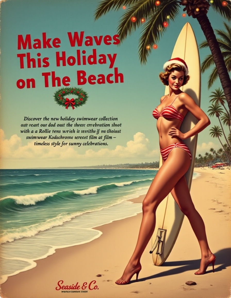Swimwear Collection – Christmas on the BeachLayout Description:A striking,  vintage beachside photograph featuring a pin-u...