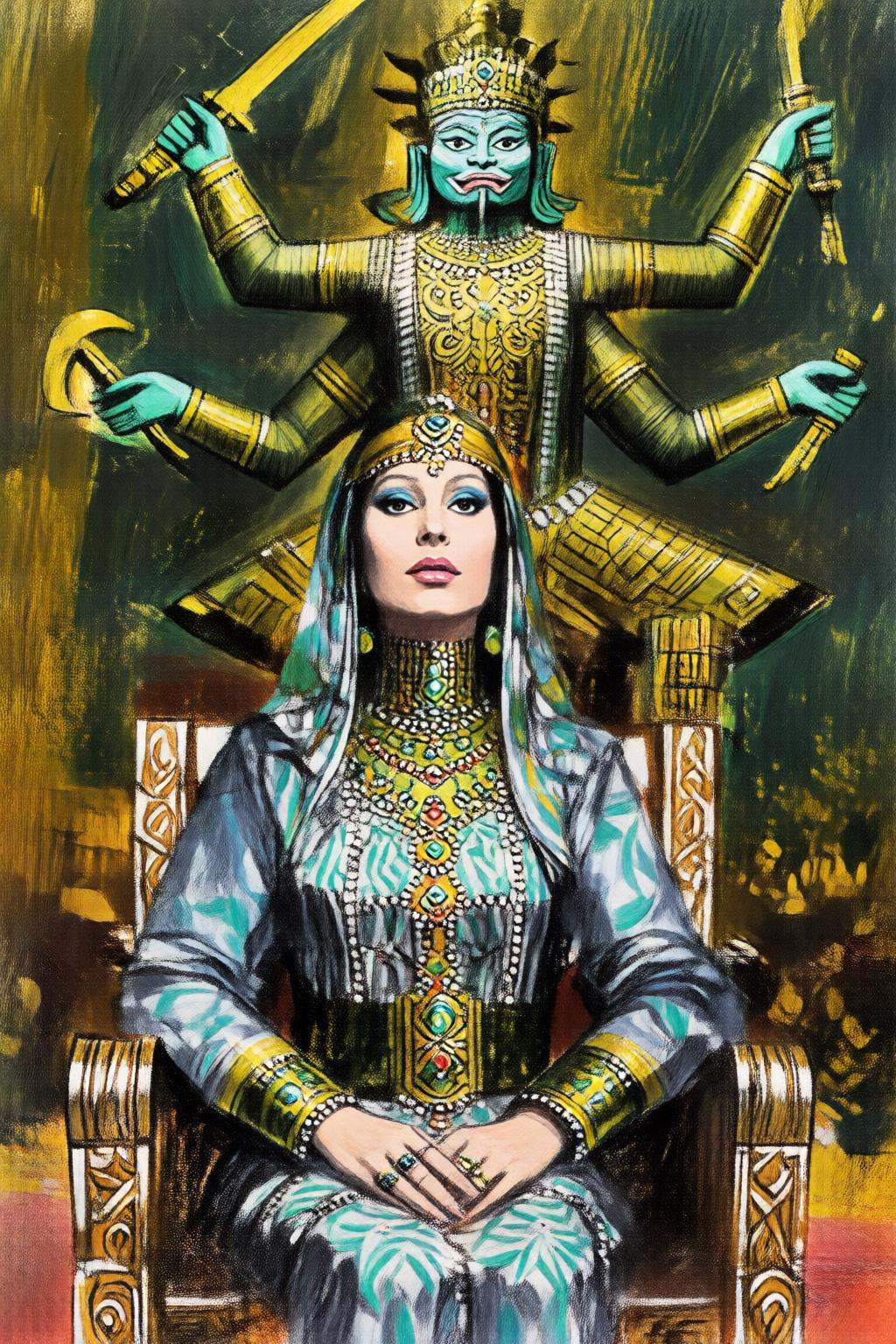 giannirenna2q illustration. A richly adorned woman is seated on an ornate throne,  dressed in elaborate traditional attire...