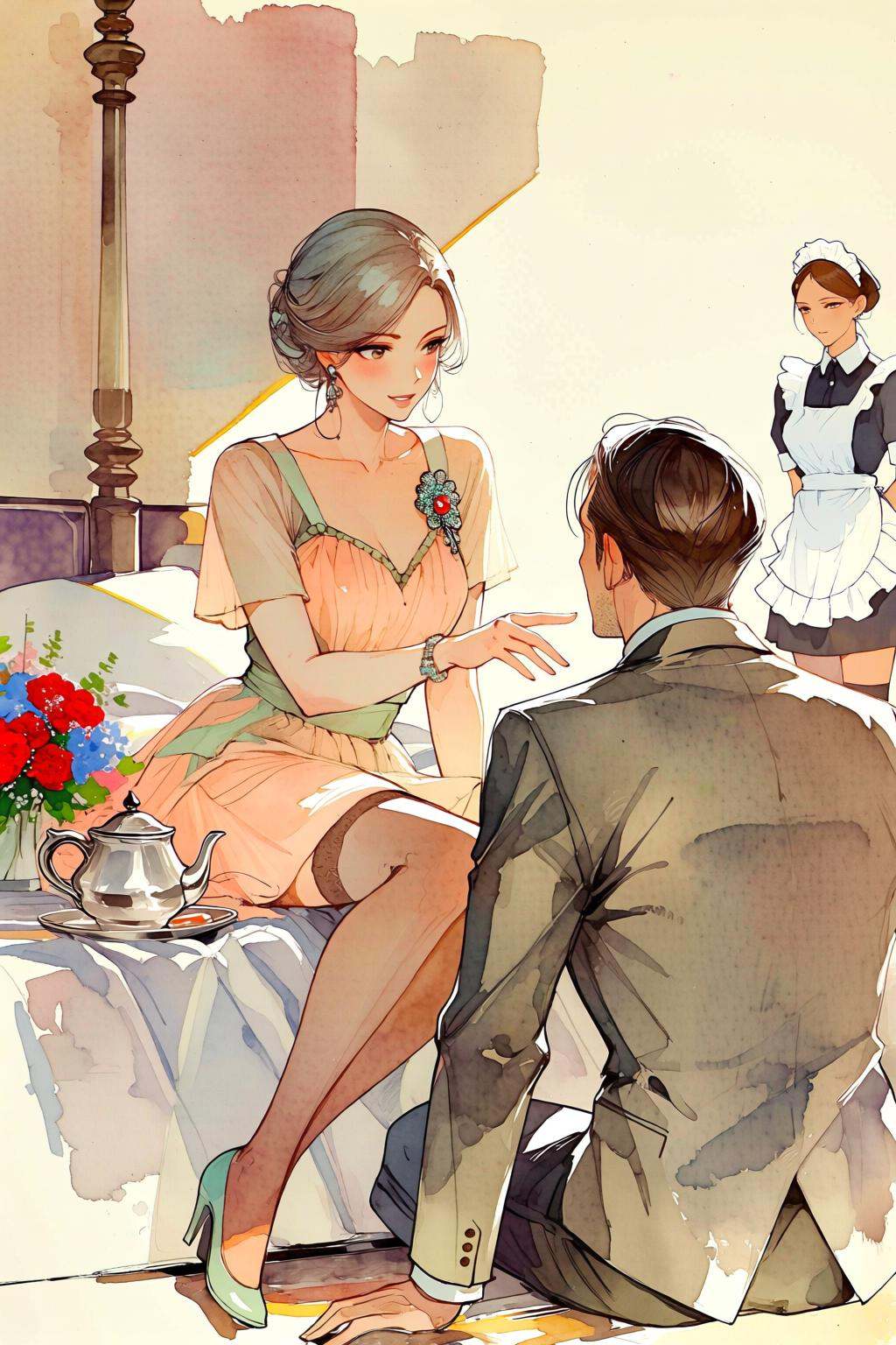 nijiwatercolor1q anime watercolor illustration. A woman in a light-colored dress with a decorative brooch sits on a bed,...
