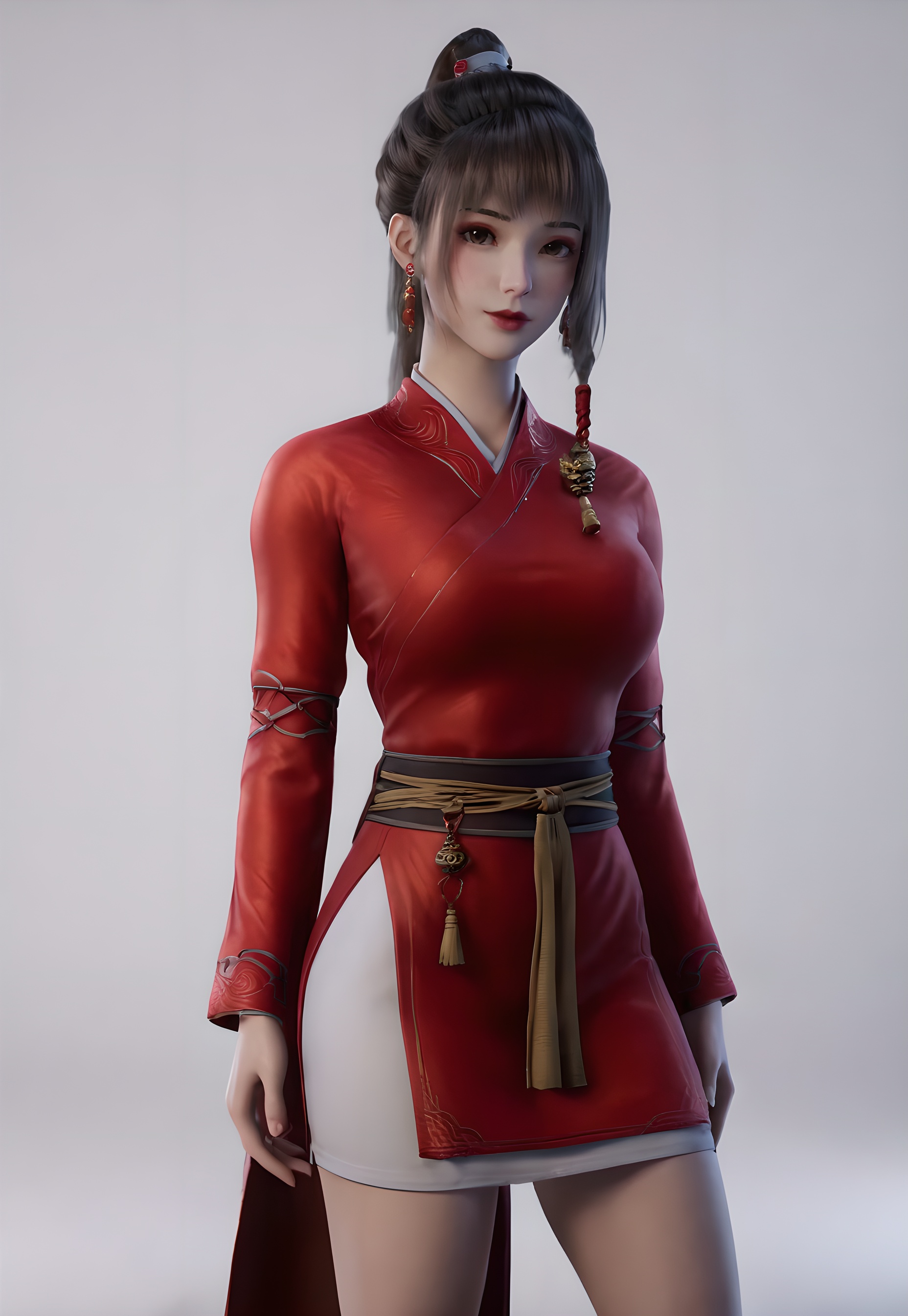 score_9,score_8_up,score_7_up,<lora:SF_FangXiaoLin_Pony-000002:0.7>,1girl,solo,standing,red chinese clothes,short  skirt,long sleeves,breasts,large breasts,red lips,jewelry,hair ornament,earring,looking at viewer,white background,