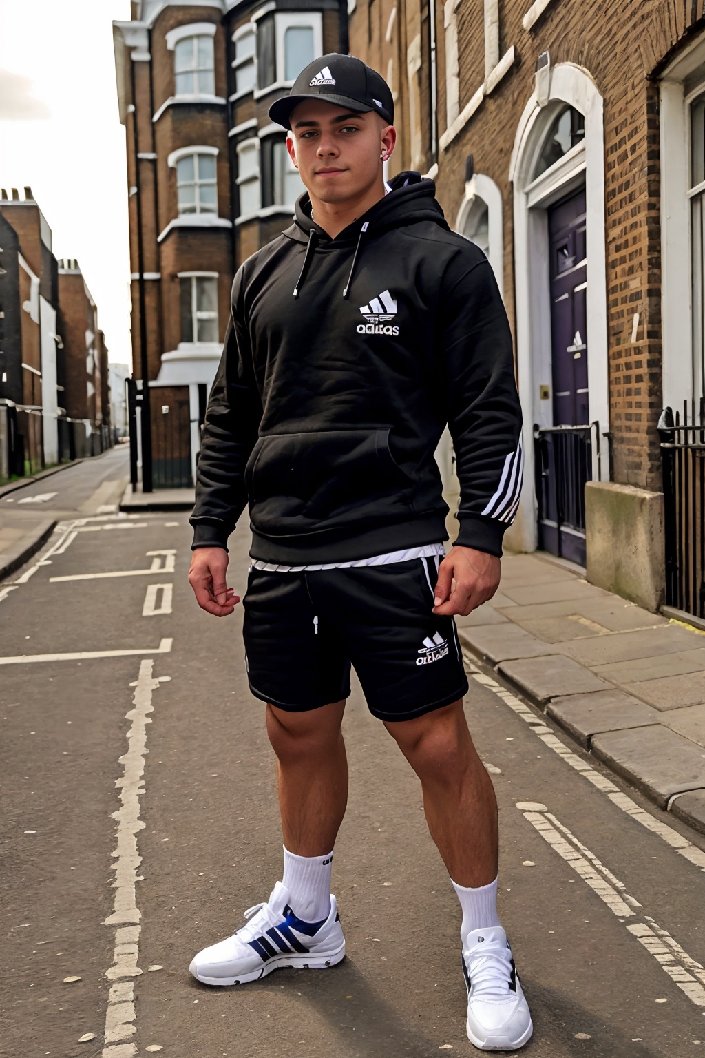 London street,  brick row houses,  smirking expression on Tensor.Art