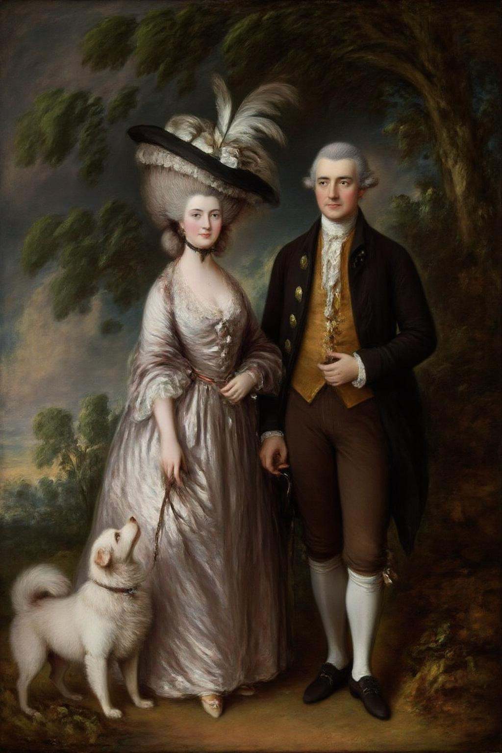 gainsbo1 paintingA scene from the 18th century. An elegant couple standing in a lush,  verdant landscape. The woman,  on t...