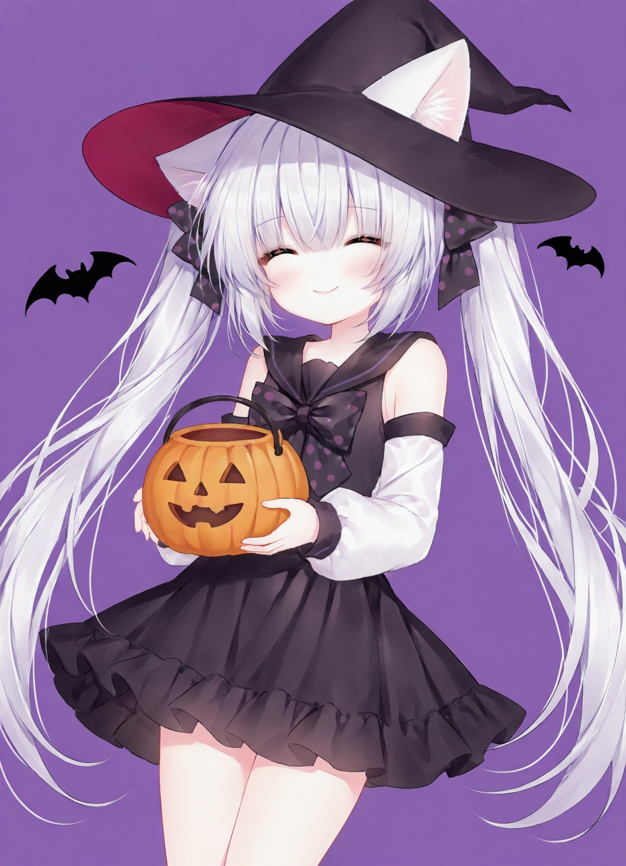masterpiece, best_quality,high_quality,guo jiang mullay, loli,chen_bin,1girl, animal ears, hat, solo, halloween bucket, smile, witch hat, closed eyes, twintails, halloween, bow, purple background, long hair, black headwear, animal ear fluff, blush, facing viewer, cat ears, long sleeves, hair bow, sailor collar, holding, closed mouth, simple background, dress, black bow, polka dot, white sleeves, polka dot bow, white hair, black dress, puffy long sleeves, holding bucket, black sailor collar, very long hair, shirt, bat (animal), detached sleeves, ^_^, skirt, puffy sleeves, sleeves past wrists, hat bow, black skirt, sleeveless<lora:guo_jiang-R2-lokr-f4-000040:0.95>