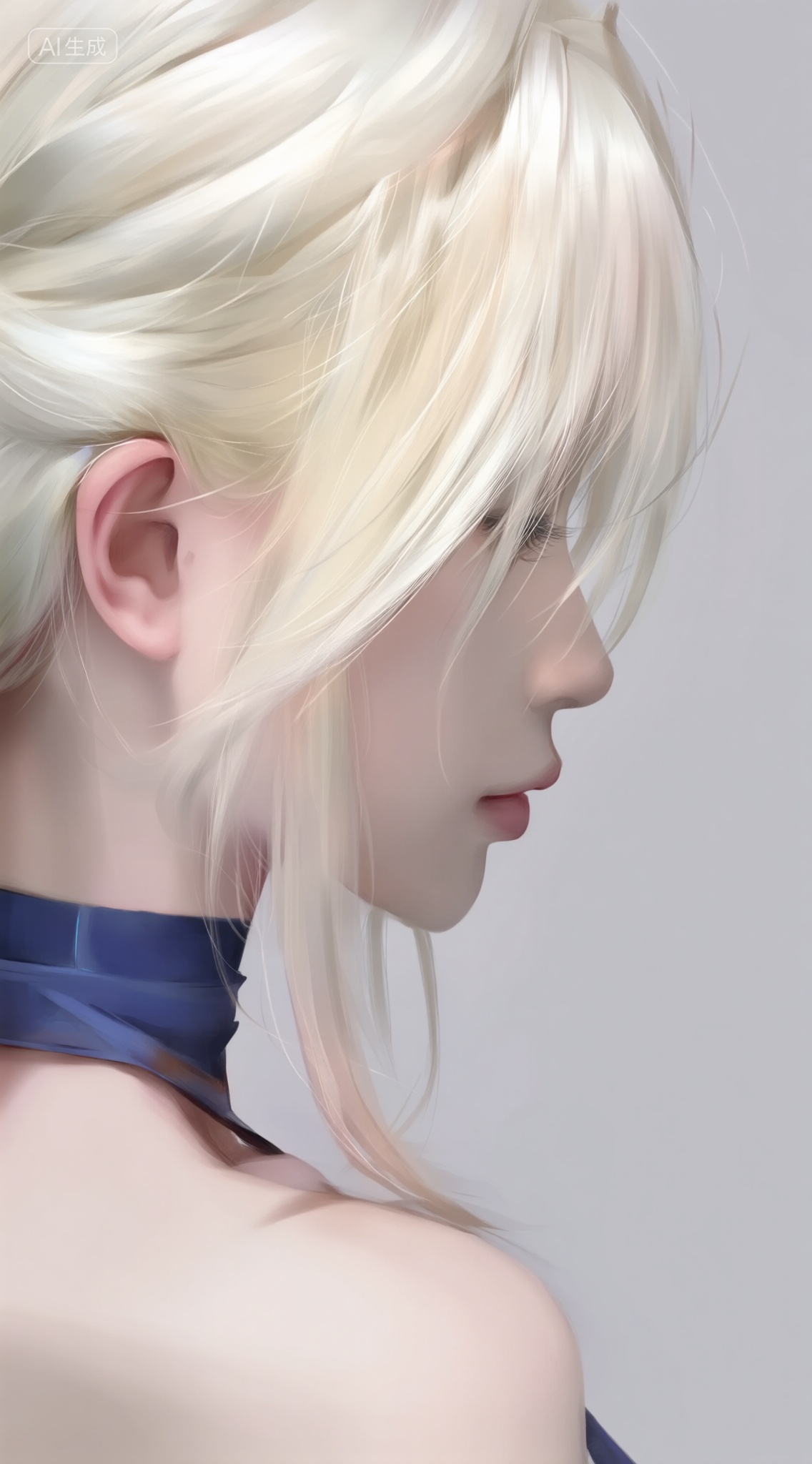 a digital illustration shoot from profile about a close-up portrait of a young woman with platinum blonde hair,  wearing a...