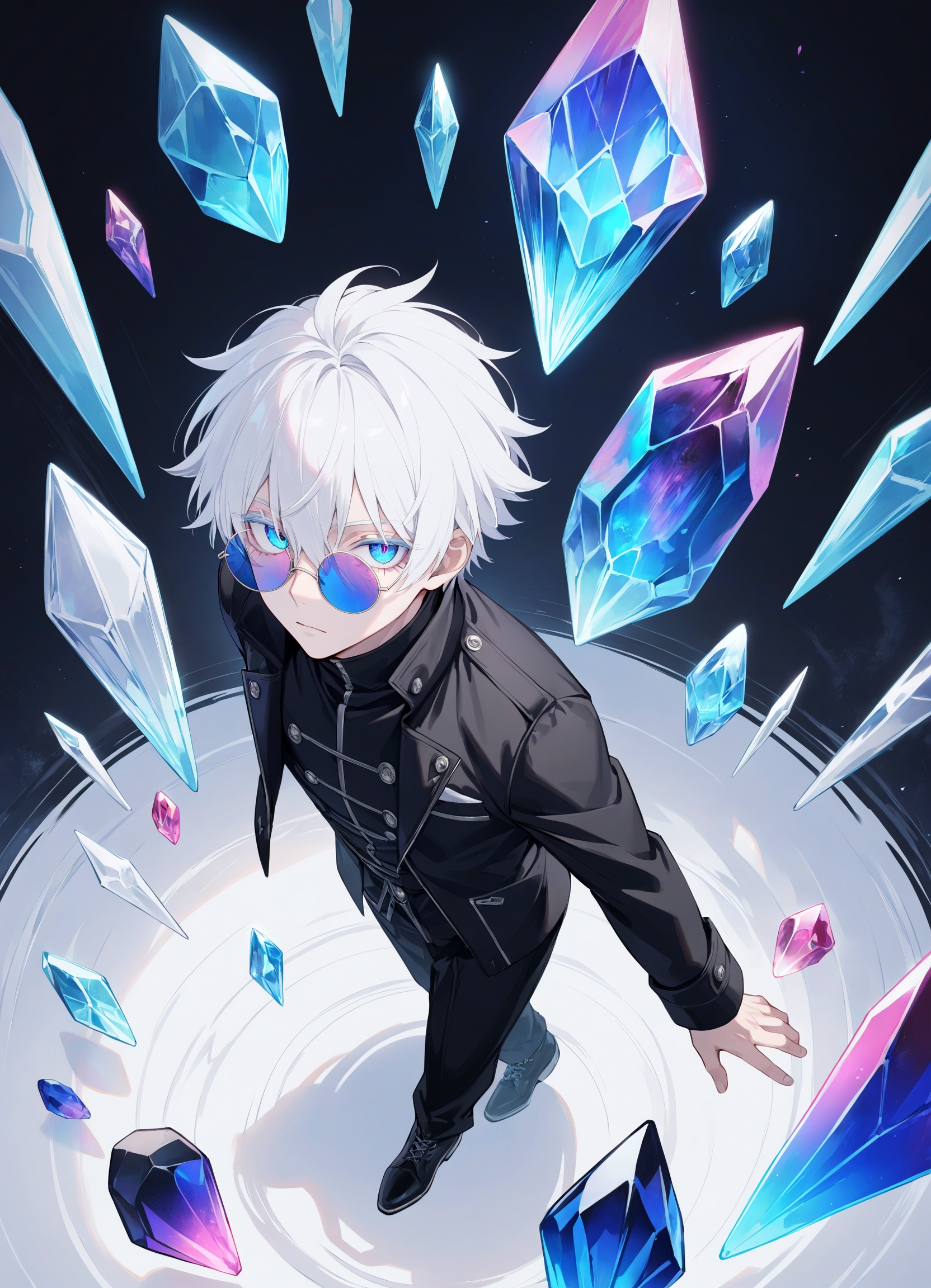 gojou satoru,1man,full body,(from above),white hair,blue eyes,looking at viewer,high collar,hair between eyes,black jacket,short hair,bangs,white hair,colorful crystal stone,hair between eyes,colored eyelashes,black jacket,jacket,high collar,round sunglasses,