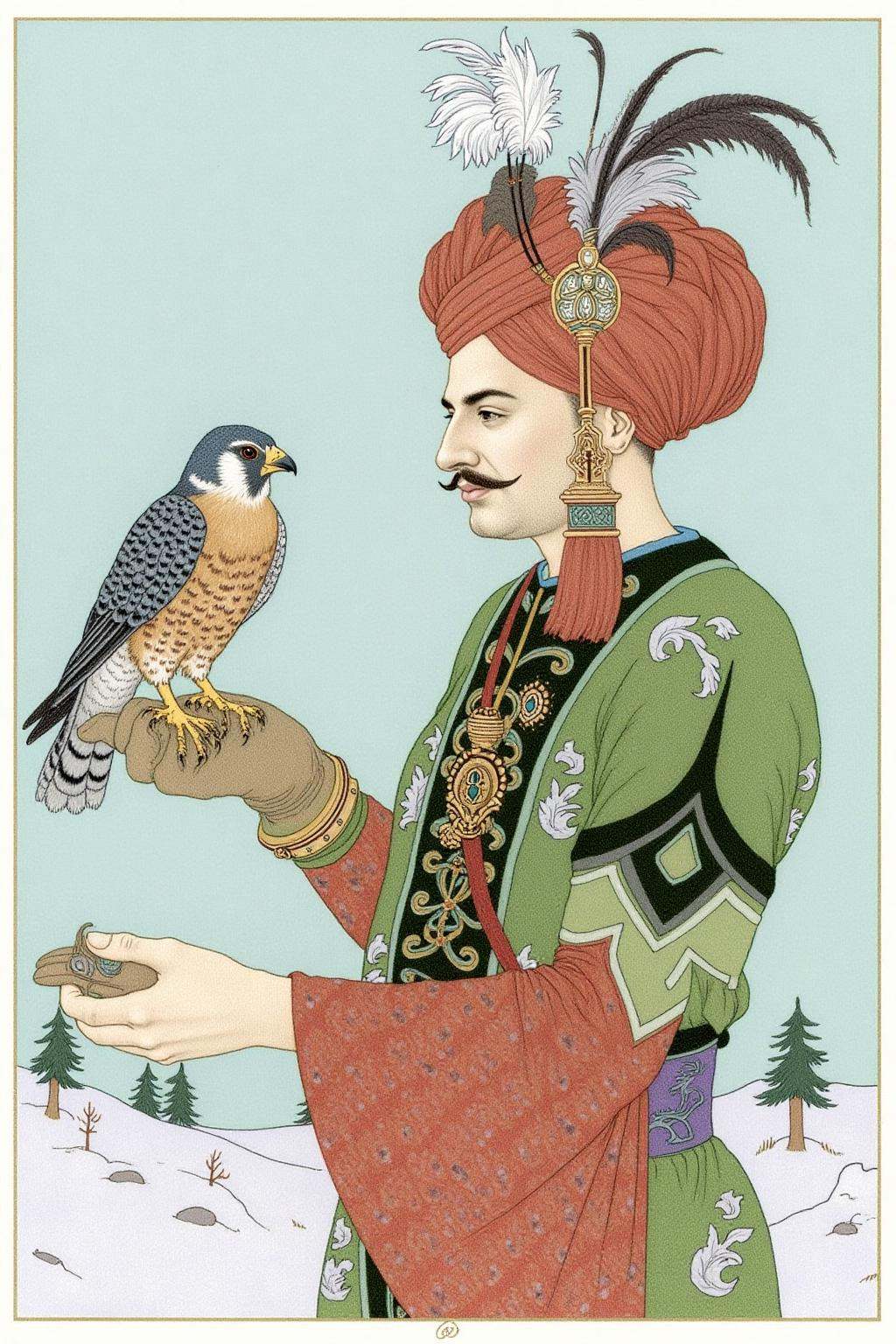 olgadugina1 illustration. A man in traditional attire holds a falcon on a gloved hand. He wears an ornate Ottoman turban w...