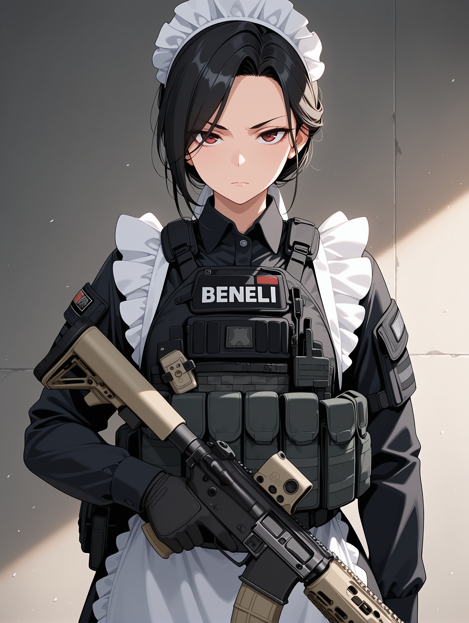 mature maid, black hair, bulletproof vest, tactical gear, maid uniform, serious looking,benelli m4, ,masterpiece,best quality,amazing quality,