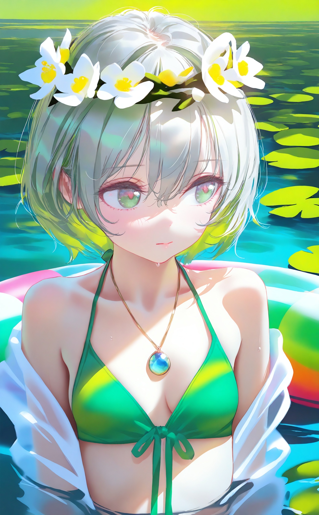 masterpiece,best quality,high quality,(colorful),loli,(artist:ningen_mame:0.9),(artist:sho_(sho_lwlw):0.9),(artist:rhasta:0.9),(artist:wlop:0.7),(artist:ke-ta:0.6),(fkey:0.5),(tianliang duohe fangdongye:0.5),(hiten \(hitenkei\):0.6),1girl,solo,swim ring,lily pad,green bikini,swimsuit,innertube,bikini,head wreath,jewelry,short hair,breasts,green eyes,water,partially submerged,sunlight,collarbone,necklace,jacket,open clothes,white hair,green theme,flower wreath,see-through,outdoors,pendant,looking to the side,white jacket,hair between eyes,wet,white flower,flower,afloat,open jacket,closed mouth,upper body,medium breasts,halterneck,front-tie top,front-tie bikini top,day,grey hair,hair ornament,green hair,