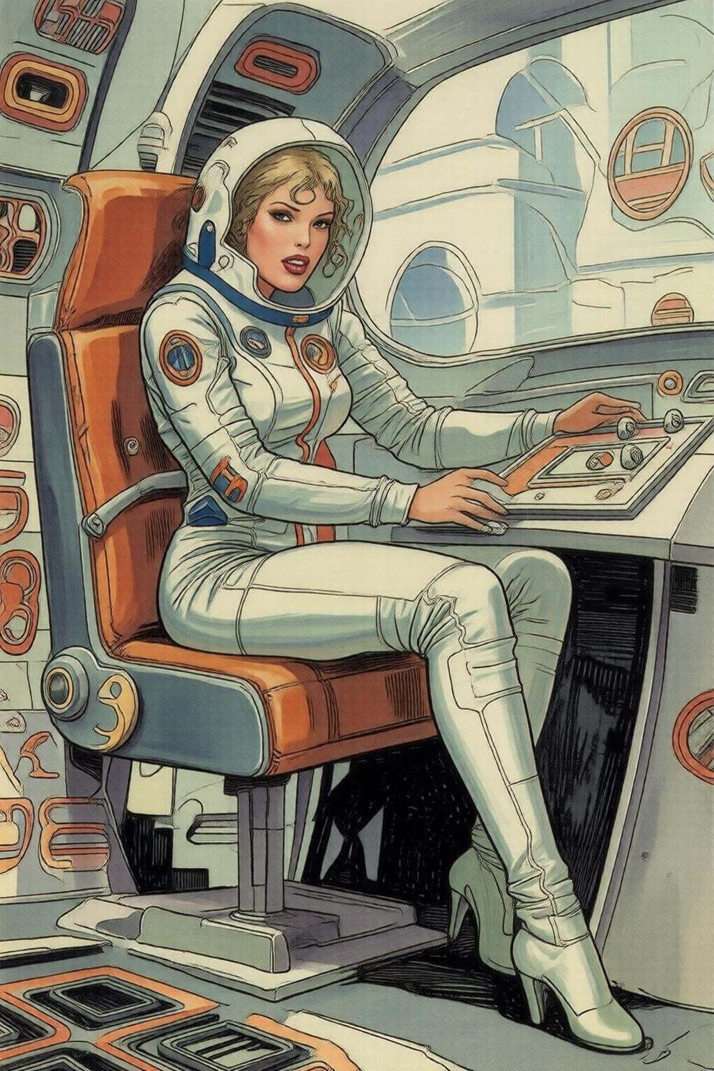 milomanara7q illustration. Aa woman wearing a futuristic yet retro spacesuit sitting inside a retro chrome spacecraft,  co...
