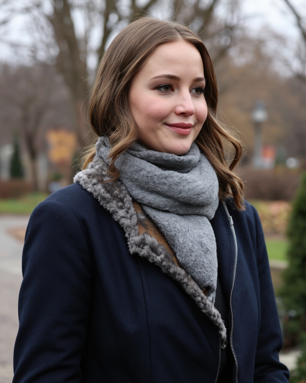 A high quality photograph of jennifer_lawrence with light skin and brown hair,  styled in loose waves and partially covere...