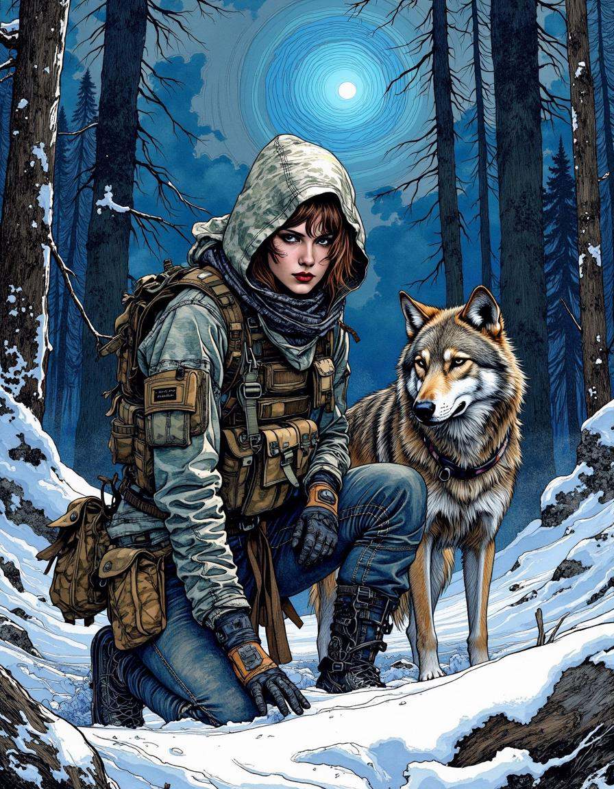 This is a digital artwork created in a mixed media style,  blending elements of watercolor and ink.A rugged female warrior...
