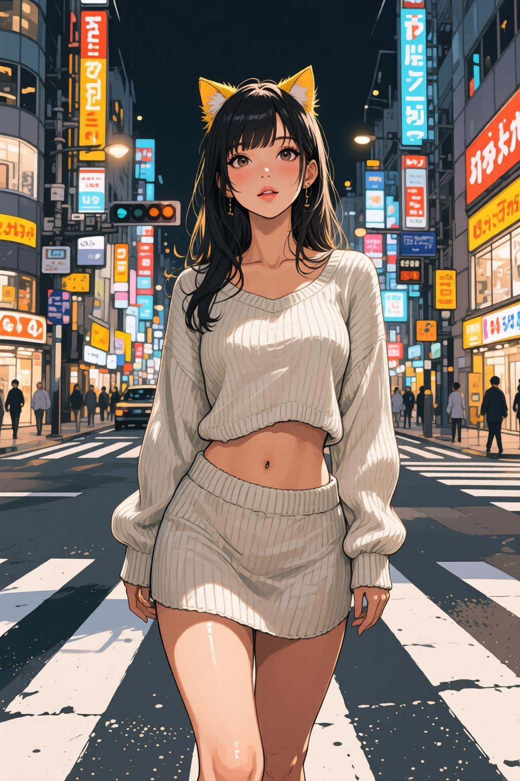 nijimix6q anime style watercolor illustration.A tall young Korean woman stands in the middle of a crosswalk at night in To...