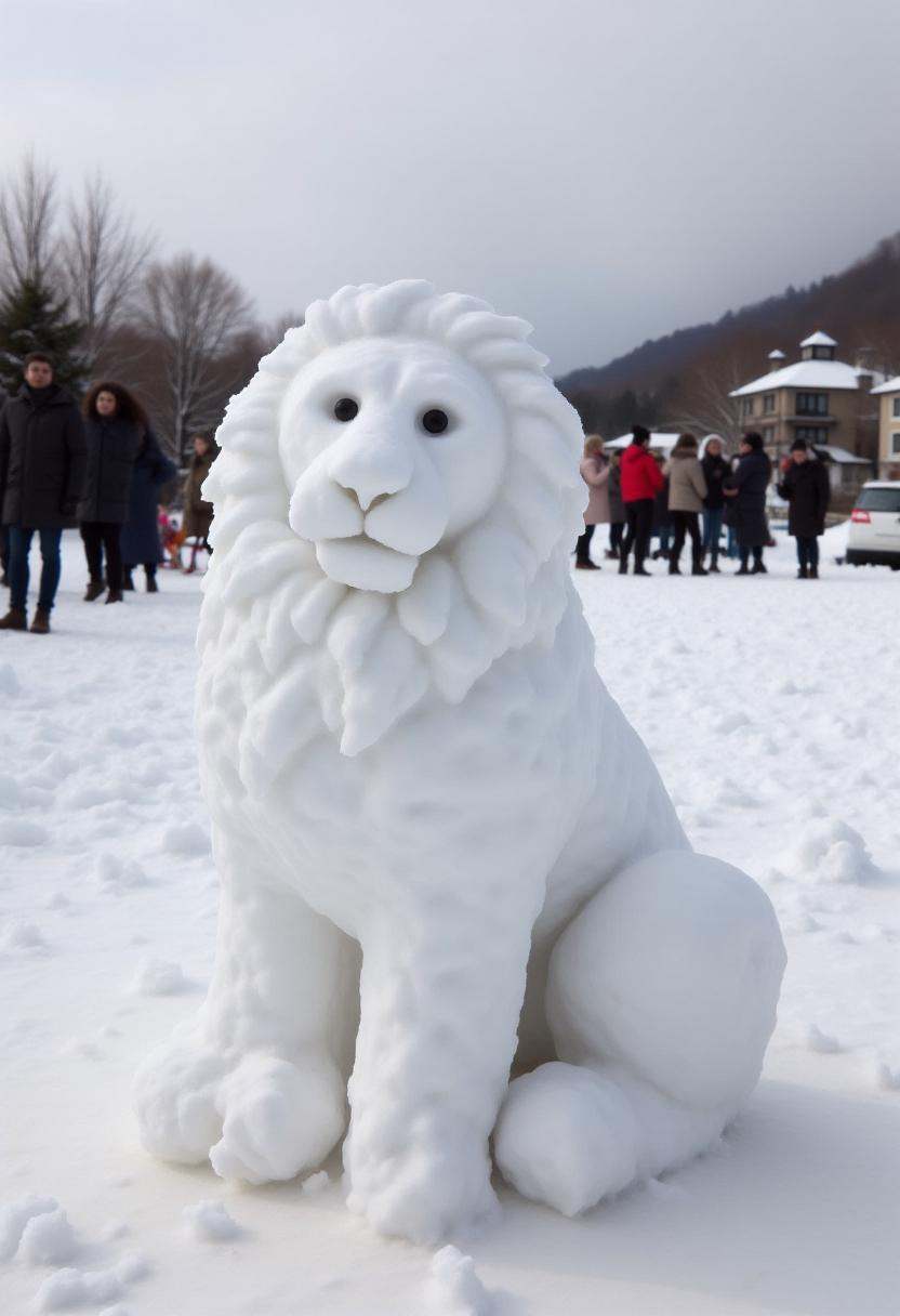 Realistic photograph of a snow sculpture in a snowy outdoor setting. The sculpture depicts a lion,  crafted entirely from...