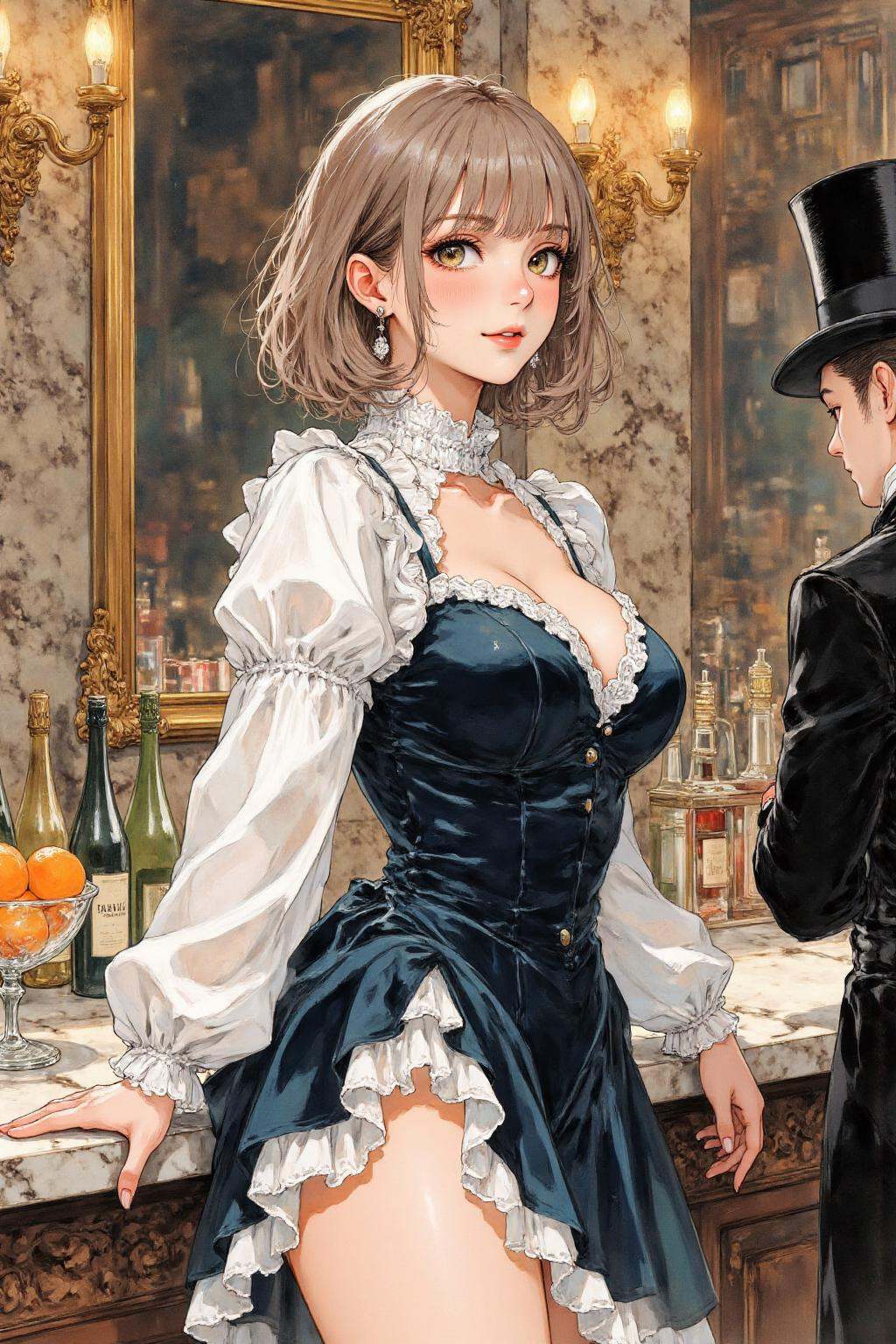 nijiwatercolor1q anime illustration.A 19th-century bar with a young barmaid standing behind a lavish marble counter. She h...