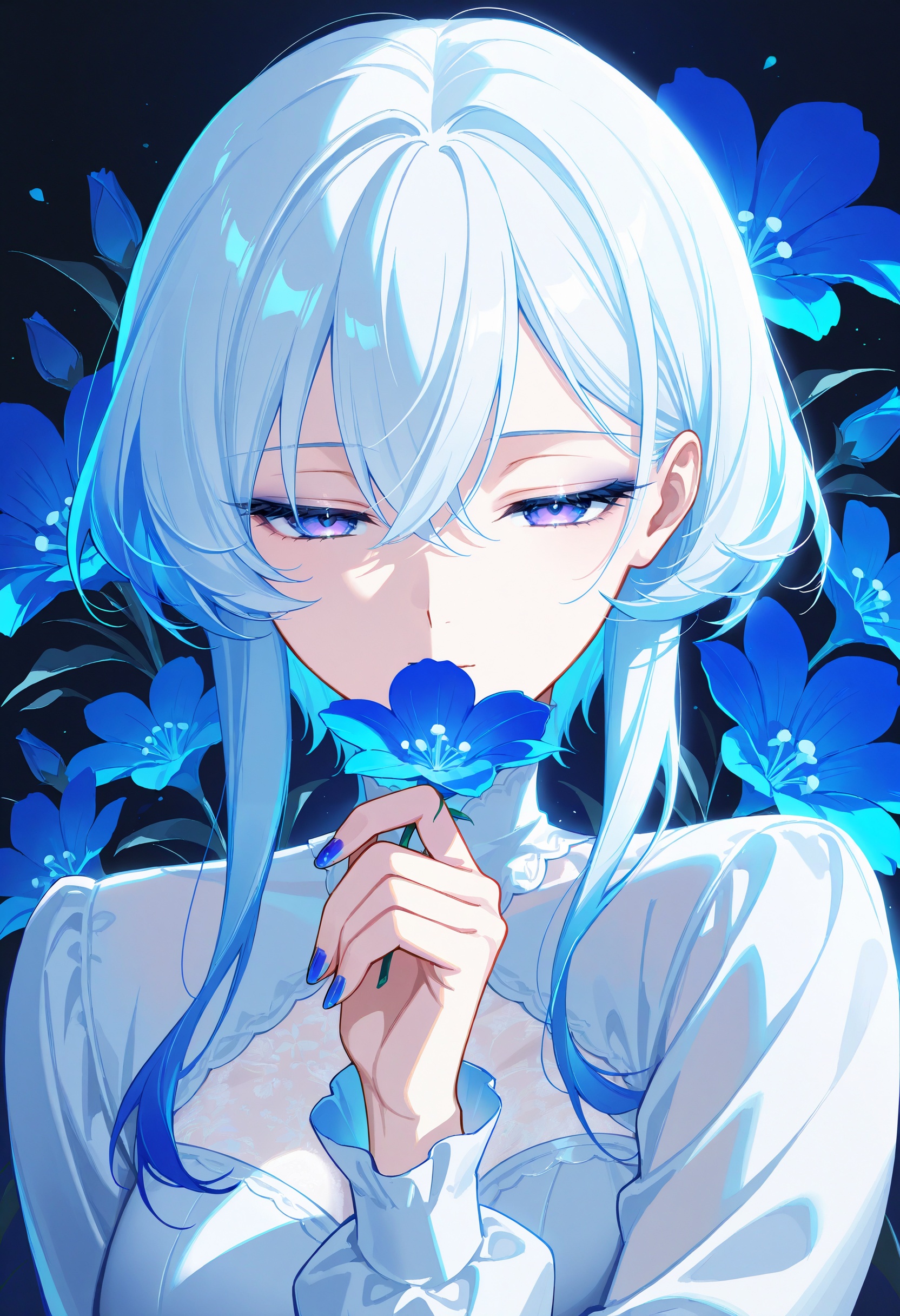 1girl,  looking at viewer,  holding a big blue flower on Tensor.Art
