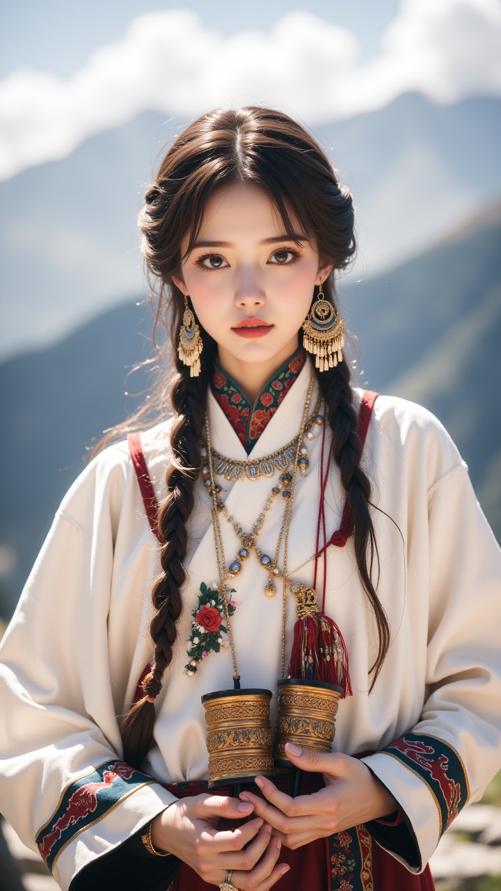 (masterpiece, best quality:1.2),1girl,blurry background,braid,brown eyes,cloud,day,depth of field,earrings,jewelry,Tibetan girl,White Tibetan clothing,Tibetan jewelry,Tibetan Earrings,Tibetan headwear,Copper scripture wheel,Chinese Tibetan clothing,lips,long sleeves,looking at viewer,mountain,outdoors,realistic,sky,solo,Holding a Tibetan prayer wheel in hand,