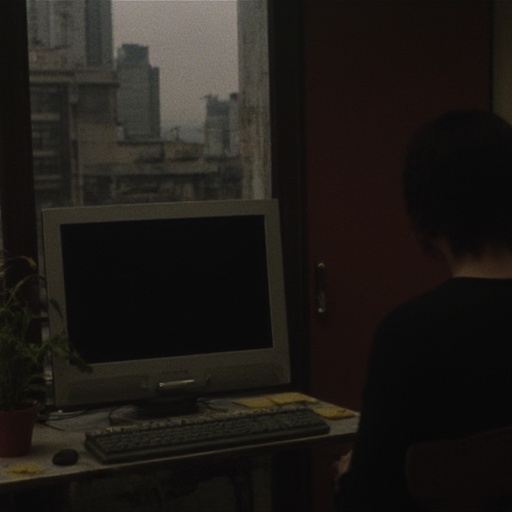 The image is a dark,  characterized by tall buildings in the background,  adding to the atmosphere of a modest and lived-i...