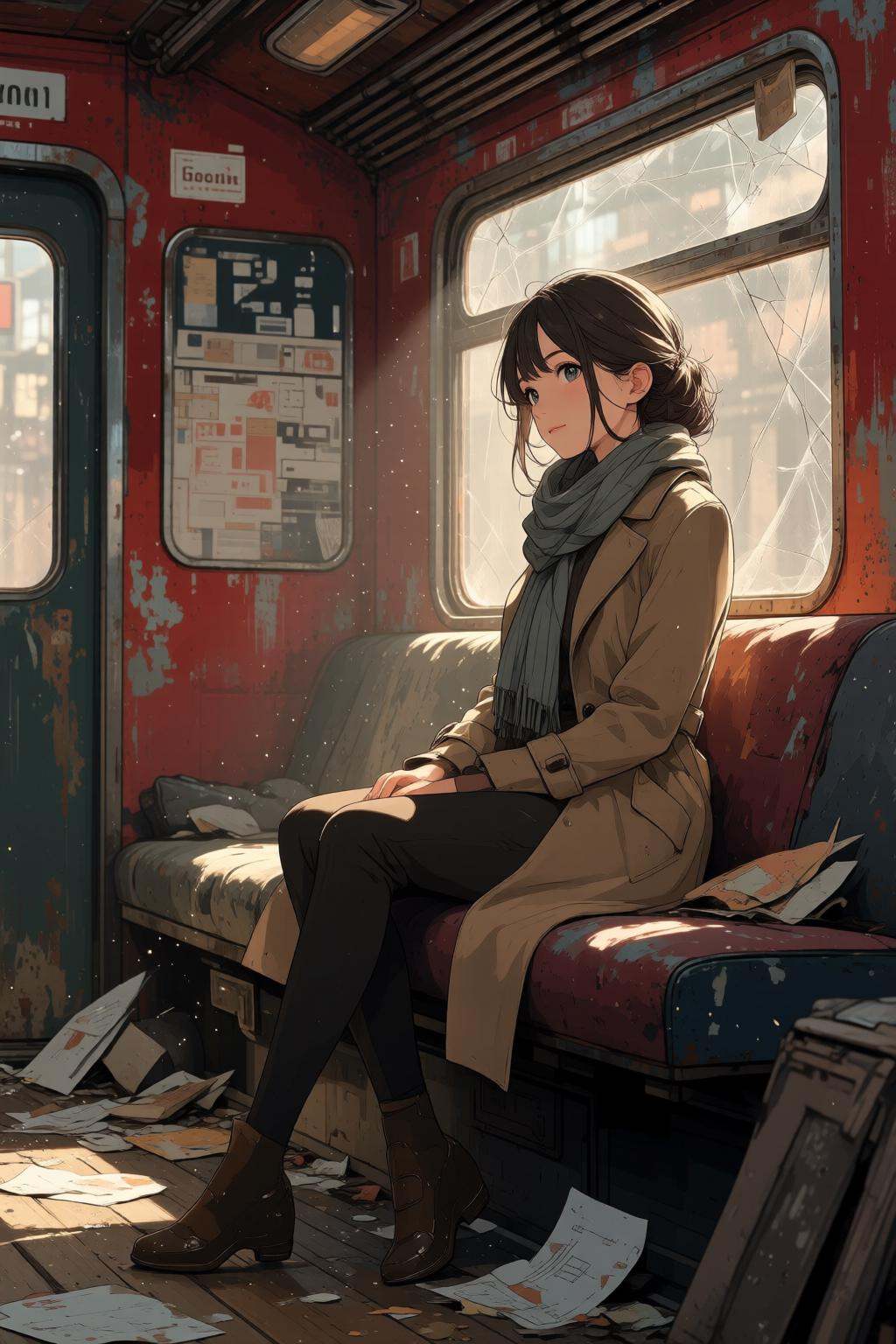 nijimix6q anime style illustration.A girl,  shown in 3/4 view,  is sitting in a dilapidated train car. The train's red int...